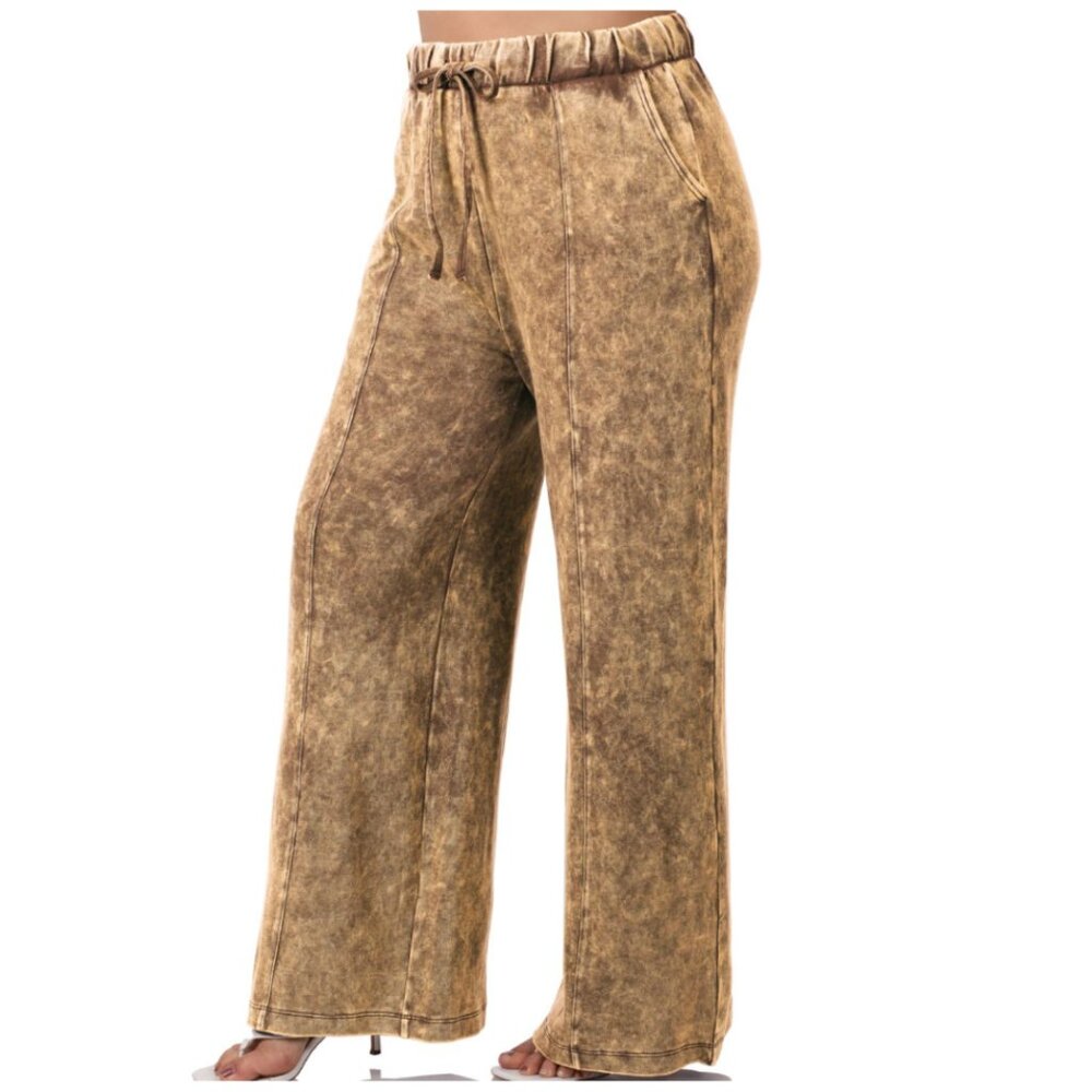 Zenana Plus Acid‑Wash Wide‑Leg Pants – Rust Brown, 100% Cotton, Drawstring Waist